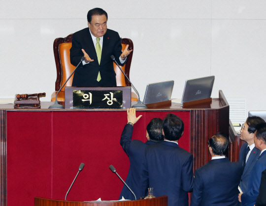 예산안 상정 항의하는 심재철 자유한국당 원내대표(사진=연합뉴스)